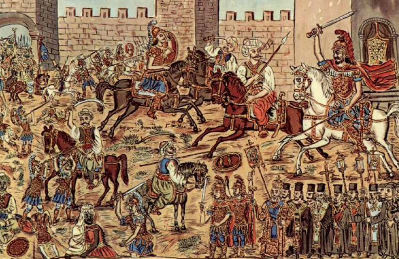 Lukisan pertempuran di dalam kota. Konstantinus terlihat menunggangi kuda putih. (Gambar: Theophilos Hatzimihail. 1932. Constantine Palaeologus the Emperor of the Greco-Romans Exits Fearless in the Battle 1453 Mei 1929.)
