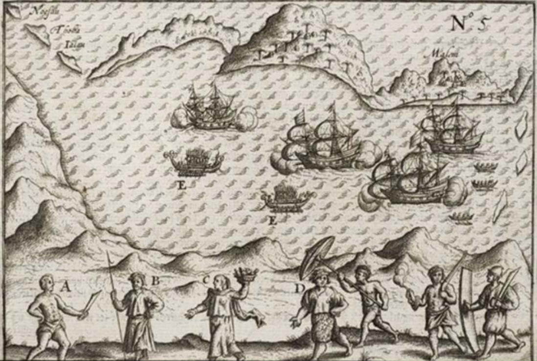 Penggambaran Kehidupan di Ambon Karya Jacob van Neck, tahun 1601 (Gambar: Stepanie Glickman.2018. “The Company One Keeps: View of Ambon, 1617)
