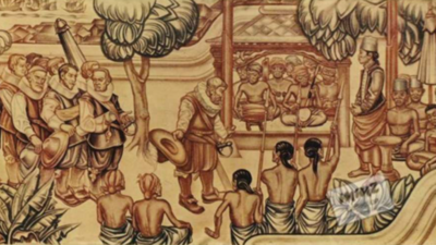 Ilustrasi Cornelis de Houtman menghadap Sultan Banten di Pavilion Istana. (Gambar: Tropenmuseum)