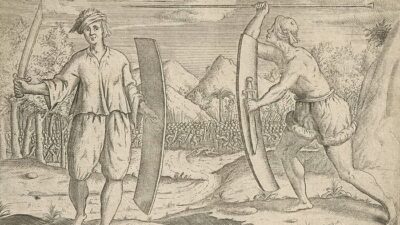Ilustrasi dua prajurit Banda, dengan latar belakang di medan pertempuran. (Foto: Rijkmuseum Collectie)
