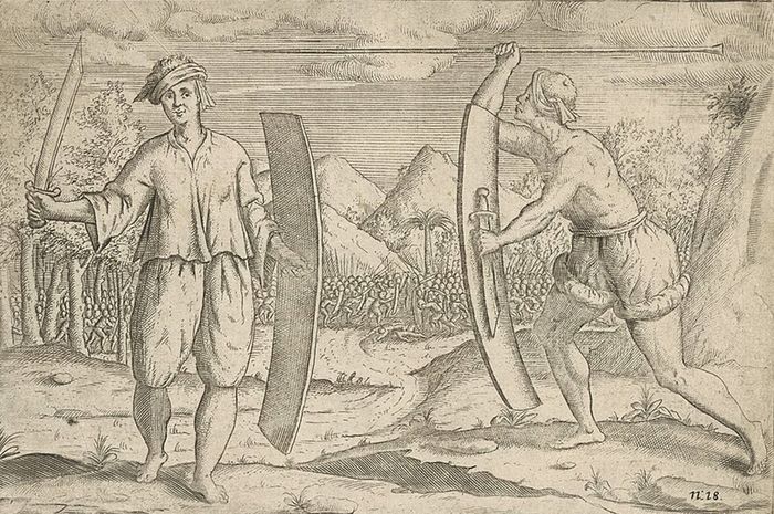 Ilustrasi dua prajurit Banda, dengan latar belakang di medan pertempuran. (Foto: Rijkmuseum Collectie)